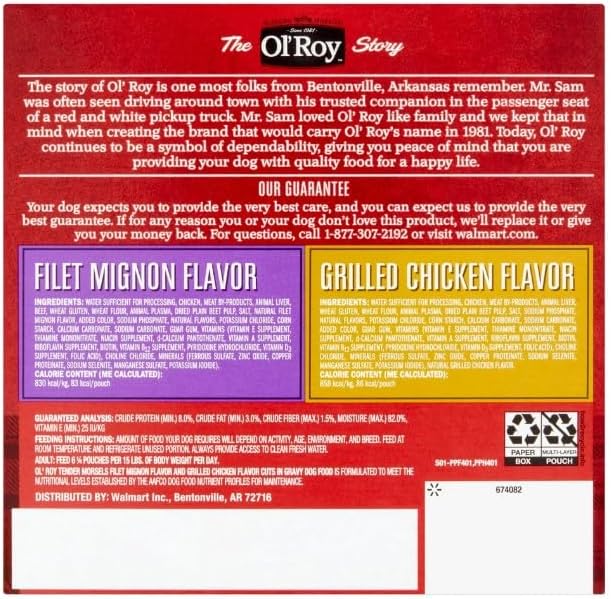 Ol's~Roys Cuts in Gravy Wet Dog Food Variety Pack, Tender Morsels Filet Mignon Flavor and Tender Morsels Grilled Chicken Flavor, 3.5 Oz ~ 8 Count ~ (2 Pack)