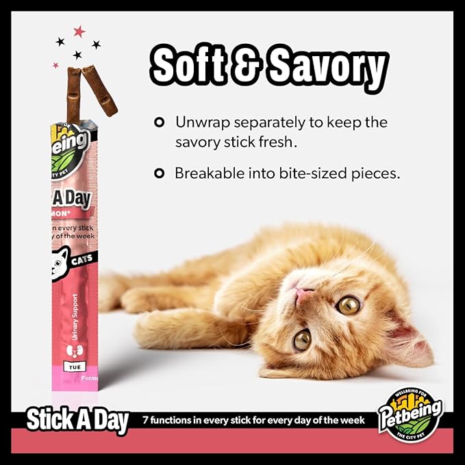 Stick a Day Cats | Specially Formulated 7-in-1 Functions Daily Real Meat Supplement for Cats | Cat Chew Stick & Pet Vitamins Supplements Combination (7-Pack x 4, Salmon)