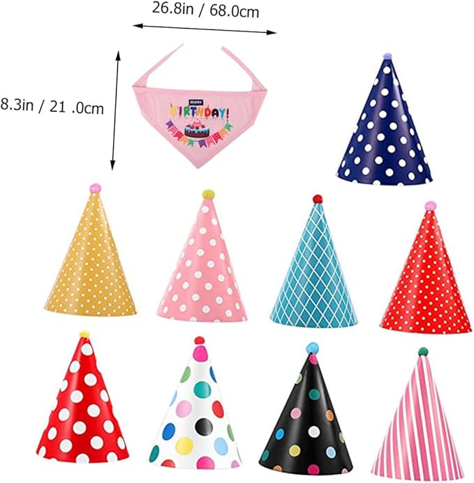 Toyvian Dog Birthday Party Supplies Set 9 Decorative Birthday Hats 1 Saliva Bib Bandana for Pets Adjustable Size for Pet Celebration Random Color
