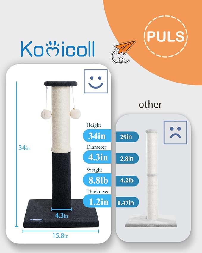 34-Inch Tall Cat Scratching Post for Indoor Cats, Komicoll Large Scratch Post, Sisal Cat Scratcher, Sturdy and Durable Cat Post with Hanging Ball