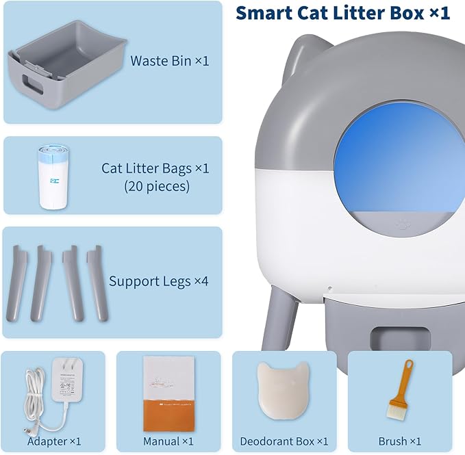 Automatic Self Cleaning Litter Box, Extra Large Automatic Cat Litter Box Self Cleaning Robot for Cats, Smart Safety Sensors-App Control-Low Noise, Washable Tray, 20 pcs Trash Bag