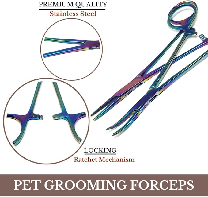 HTI Set of 2 Pcs Dog Cat Pet Hair Puller Remover Stainless Steel Hemostat Locking Forceps 5.5" Straight and Curved Full Serrated (Multicolor)
