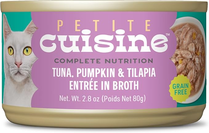PETITE CUISINE Whole Foods Wet Cat Food, Tuna, Pumpkin & Tilapia Entree in Broth, 2.8 oz. Can (24 Count)