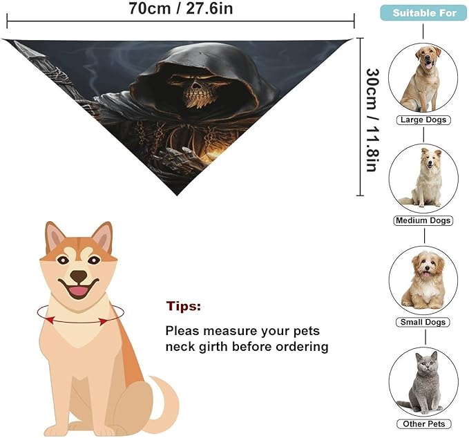 Dog Bandana Spring Pet Scarf Adjustable Triangle Grim-Reaper Printing Dog Bib Washable Polyester Puppy Bandana for Small Medium Large Dogs Cat Birthday Party Supplies