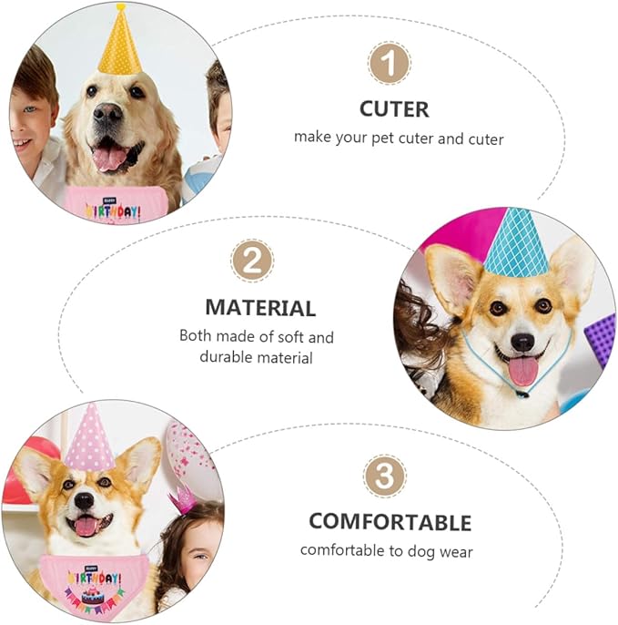 FRCOLOR Dog Birthday Hat and Bib Set, 9 Party Hats with 1 Saliva-Absorbent Bandana, Pet Birthday Decoration Supplies for Small to Medium Dogs Random Color