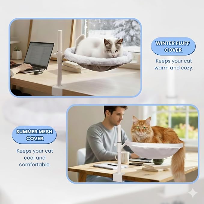 All Season Cat Perch with Catnip Pillow, Cat Desk Bed with 360° Rotation & Height Adjustment, 40LBS Capacity – Summer & Winter Washable & Removable Nests