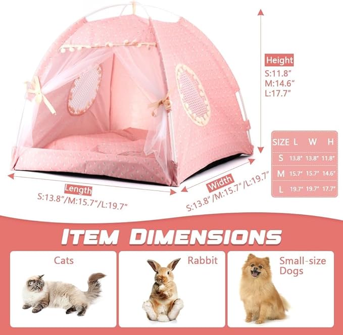 pawstrip Dog Tent Indoor Cat House Pink Puppy Bed Portable Pet Teepe Princess Dog Camping Tent Outdoor Kitten Houses Cute Bunny Nest Girl Kitty Cave (S, Light Pink)