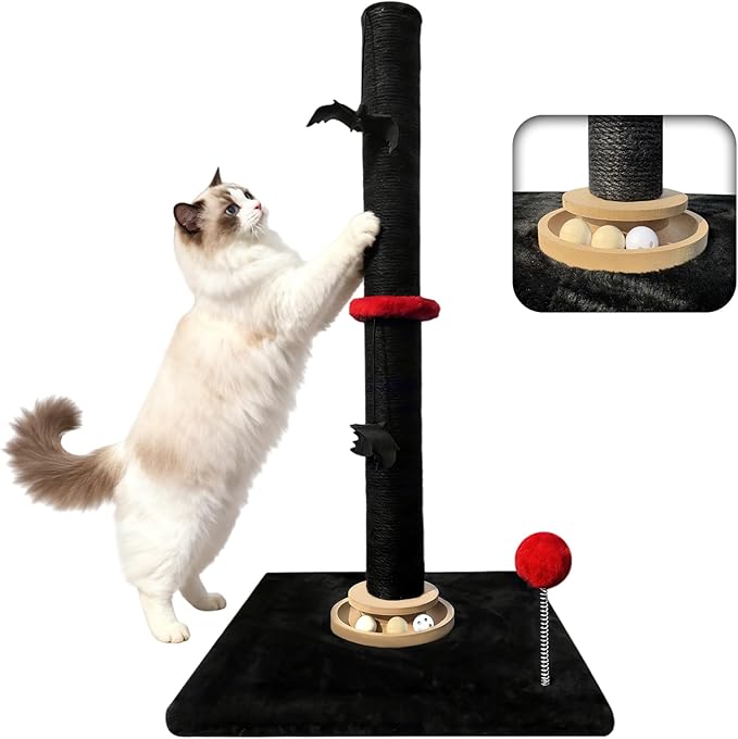 Gothic 27'' Scratching Post, Cat Scratcher Indoor, Wooden Ball Track Toy, Hanging Ball, Bouncy Ball, Interactive Toy Furniture for Kittens Adult Cats, Black Red