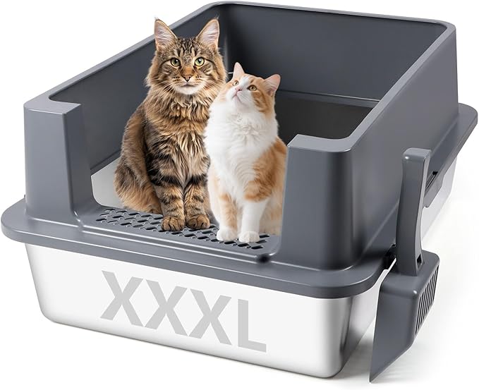 Extra Large Stainless Steel Litter Box, XXXL 27.6" H x 19.7" W x 11.8" H Metal High Sided Cat Litter Box with Scoop, Leak-Proof, Easy Clean for Big Cats/Multiple Cats (Dark Grey)