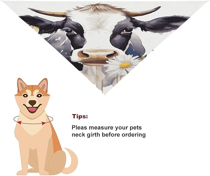 Dog Bandana Spring Pet Scarf Adjustable Triangle Watercolor Cow and Daisy Flower Printing Dog Bib Washable Polyester Puppy Bandana for Small Medium Large Dogs Cat Birthday Party Supplies