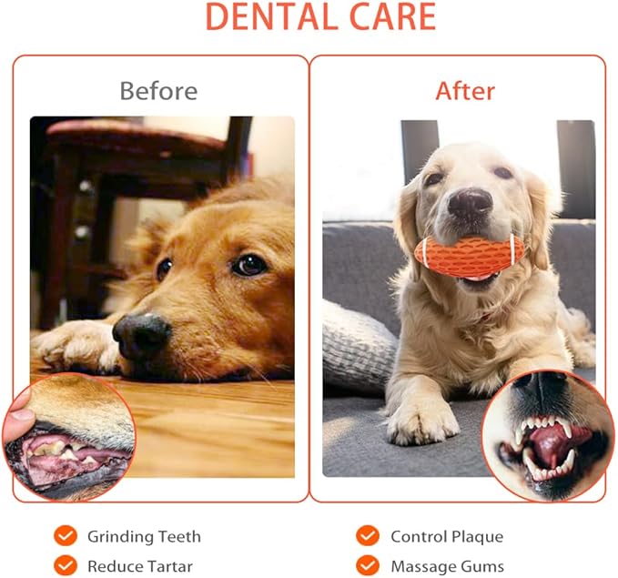 AUSCAT 2PCS Squeaky Dog Football Toy, Dog Chew Toy, Tough Rubber Dog Ball for Medium Large Dogs, Green and Orange, Large, 5.5"