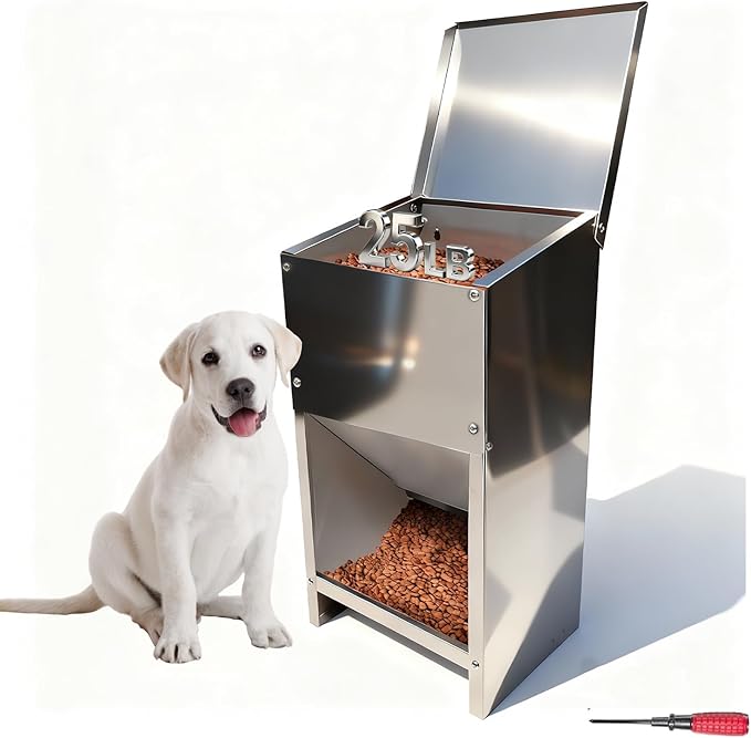 Dog Food Feeder for Kibble - (Stainless Steel Natural Color Anti-Corrosion) - Automatic Food Dispenser Gravity Self Feeding Outdoor for Medium, Large Dog Breedss - 25Lbs New Upgrade