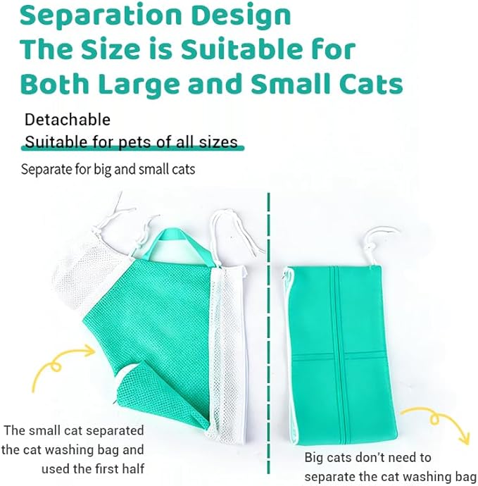Cat Bathing Bag – Anti-Scratch Cat Washing Bag for Grooming, Nail Trimming – Mesh Cat Shower Bag with 4-Point Adjustable Restraint & Detachable Design