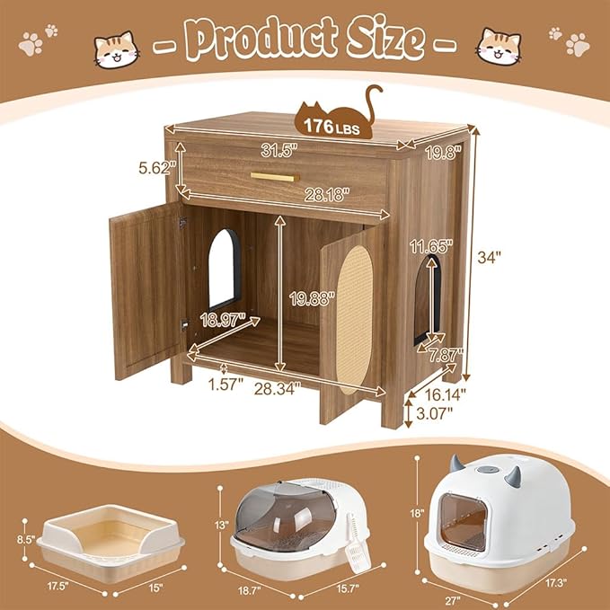 Cat Litter Box Enclosure Furniture, Hidden Litter Box Cabinet Cat House Side Table with Drawer & Sisal Scratch Pads, Wooden Pet Furniture for Living Room, Bedroom,Brown