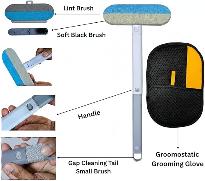 Multifunction 4 in 1 Pet Hair Remover Brush & Electrostatic Grooming Glove | Reusable Cat & Dog Fur Remover for Carpet,Furniture & Clothing | Washable Travel-Friendly Double Cleaning Set | Generic
