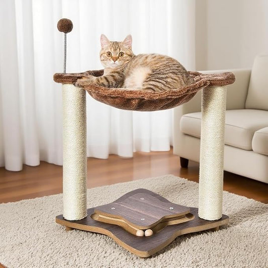 Cat Scratching Post for Indoor Cats, Small Cat Tree Tower with Hammock Wooden Interactive Track Ball,Wooden Interactive Ball Track for Kitten and Adult Cats,18inches