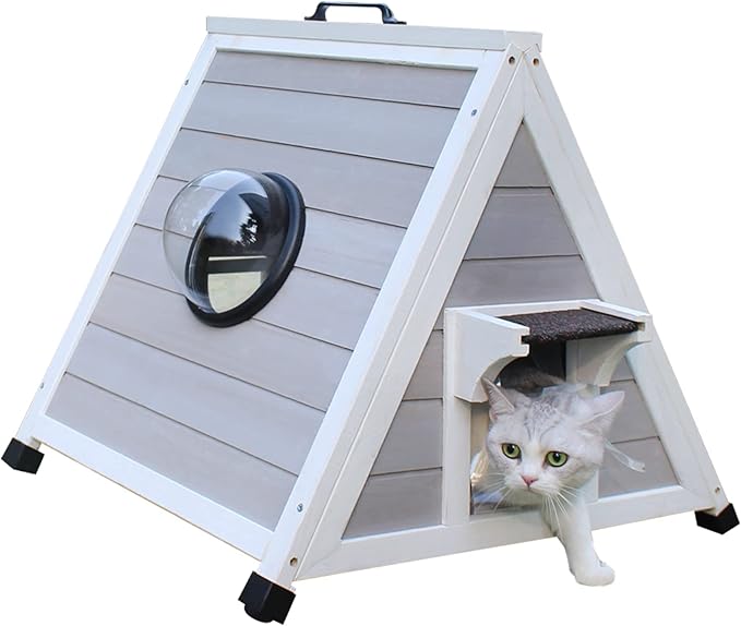 Deblue Outdoor Cat House for Feral Cats, Weatherproof Wooden Cat House for Small Pets, Unique Cat Shelter with Escape Door, Clear Window-Grey