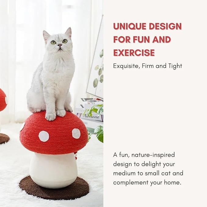 No Assembly Required Mushroom Cat Scratcher, Cute Cat Scratching Post with Natural Sisal Rope, Stable Base & Hanging Toy, Small Space Kitten Tree for Indoor Cats, Claw Care Scratch Pole