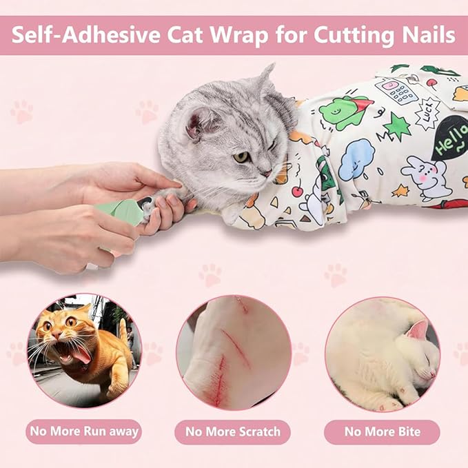 Cat Grooming Wrap for Cutting Nails, 27.6" Anti-Scratch Anti-Escape Cat Holder for Claw Clipping, Self-Adherent Soft Cat Swaddle Wrap for Nail Trimming for Cats & Kittens (1,27.56*27.56 inch)
