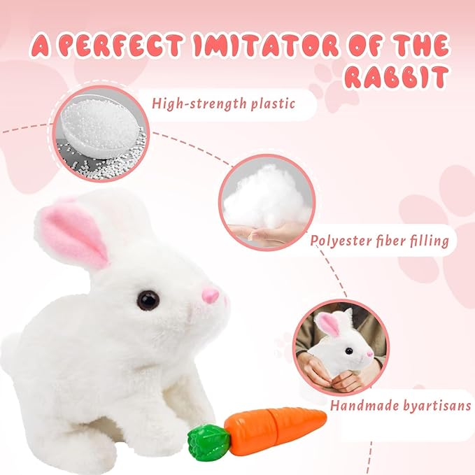 Easter Bunny Toy, Rabbit Interactive Hopping Electronic Pet Plush Bunny Toy with Sounds and Movements Animated Walking Wiggle Ears Twitch Nose (White)