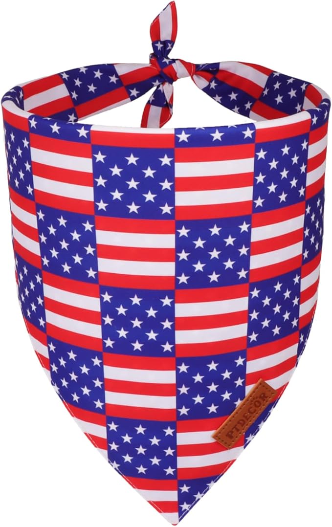 PTDECOR American Flag Dog Bandana, USA Plaid Flag Pet Scarf, 4th of July Adjustable Triangle Patriotic Bandana for Medium Large Dogs Pets (Large)