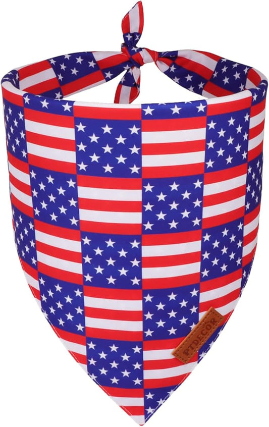 PTDECOR American Flag Dog Bandana, USA Plaid Flag Pet Scarf, 4th of July Adjustable Triangle Patriotic Bandana for Medium Large Dogs Pets (Large)