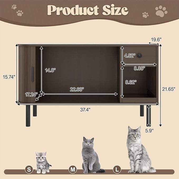 Cat Litter Box Enclosure Furniture with Sliding Door & Charging Station, Hidden Cat Litter Box Cabinet with Drawer & Shelves, Modern Indoor Cat House Side Table for Living Room Bedroom, Brown