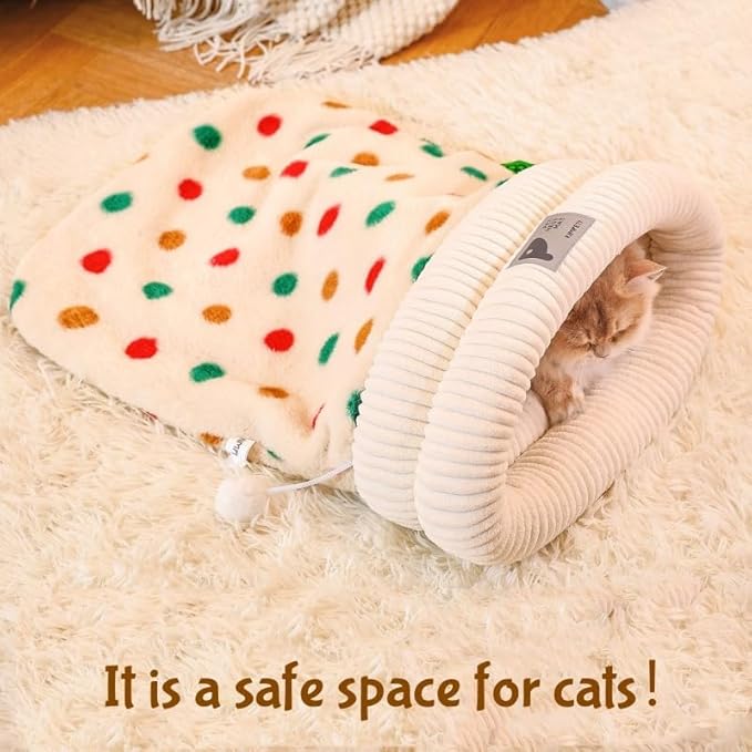 Cat Sleeping Bag, Cats Winter Sleeping Bag for Indoor Cats Cozy Plush Cat Cave Bed, Self-Warming Pet Snuggle Sack for Kitten Puppy Small Dogs (D - Beige 2 pcs, M-17"x14.5")