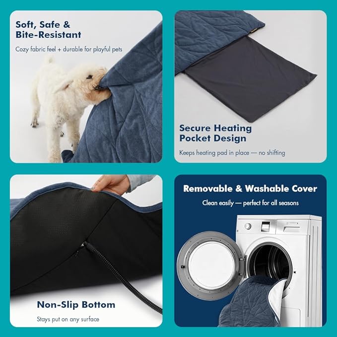 Dog Heating Pad (31"x20") - Waterproof Electric Heated Mat & Pet Bed for Indoor and Outdoor Use, Chew Resistant Cord, Machine Washable Cover with Wheat Pattern Quilting, for Cats and Pets