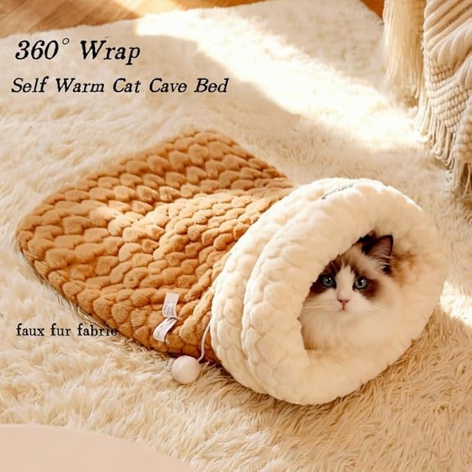 Cat Sleeping Bag, Cats Winter Sleeping Bag for Indoor Cats Cozy Plush Cat Cave Bed, Self-Warming Pet Snuggle Sack for Kitten Puppy Small Dogs (A-Khaki 1pcs, M-17"x14.5")