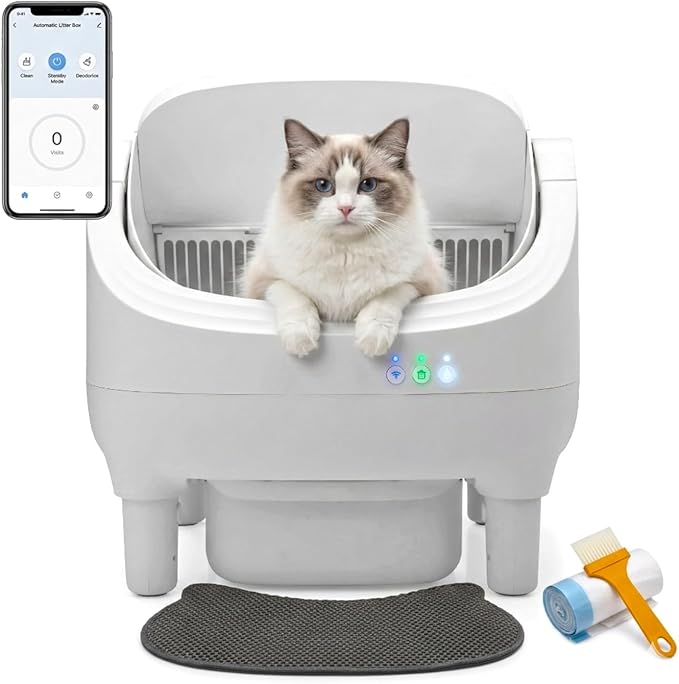 Coziwow Smart Open Top Automatic Litter Box, Self Cleaning Cat Litter Box with App Control & Odor Isolation, Cat Litter, Large Capacity for Multiple Cats, Includes Trash Bags & Cat Litter Mat