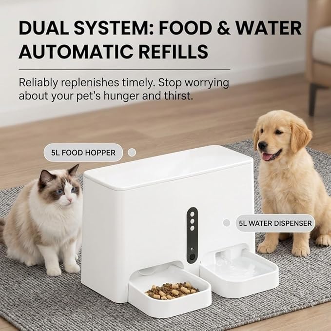 Automatic Pet Feeder and Water Dispenser, WiFi App Control 2-in-1 Smart Station, 5L Food Hopper and 5L Water Tank, Anti-Jam System with Dual Power Supply for Cats and Dogs (Video Version)