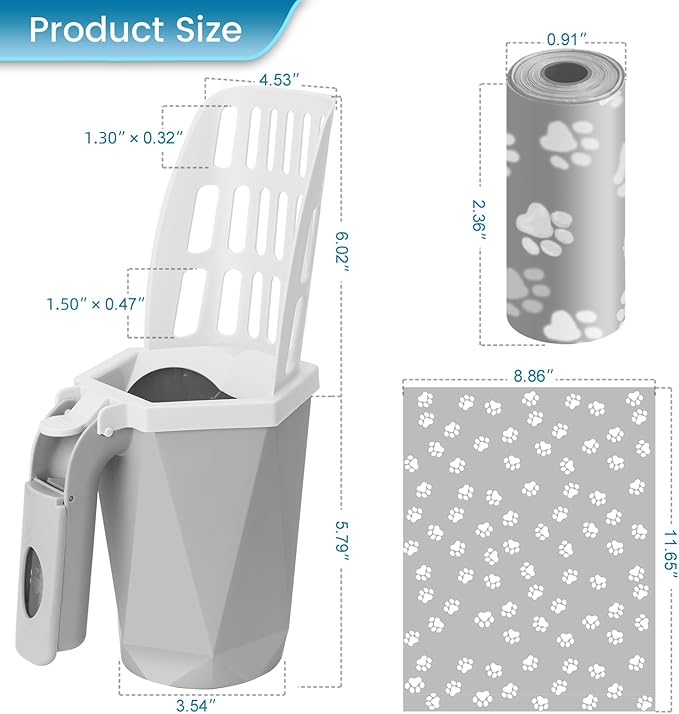Cat Litter Scooper with Holder Kitty Litter Scoop with Waste Can and 150 Refill Bags, Large Portable Cat Litter Shovel Easy to Clean Suitable for Kittens (Grey)