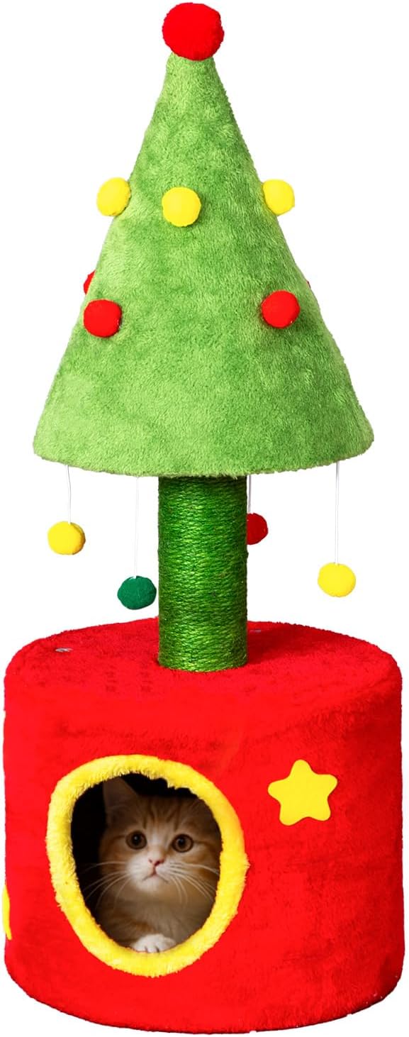 30in Cat Scratching Post with Cat House for Indoor Kitten, Small Cat Tree Tower with Sisal Post and Cute Hanging Balls, Red & Green
