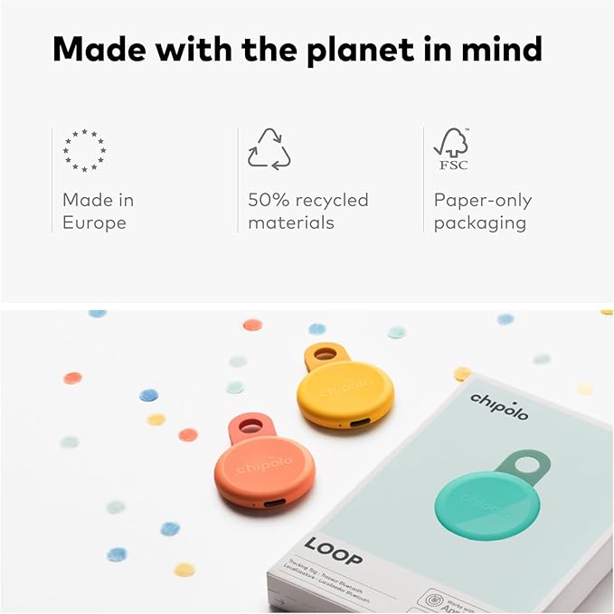 Chipolo LOOP - Rechargeable Bluetooth Tracking tag, Item Locator for Keys & Bags, Compatible with Apple Find My or Find Hub on Android, Out of Range Alerts for Android & Call Your Phone - 4 Pack