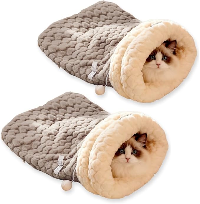 Cat Sleeping Bag, Cats Winter Sleeping Bag for Indoor Cats Cozy Plush Cat Cave Bed, Self-Warming Pet Snuggle Sack for Kitten Puppy Small Dogs (A-Grey 2pcs, L-21"x17.7")