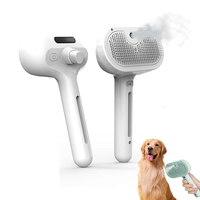 Pet Grooming Brush with Spray, 2025 New Steam Cat & Dog Brush, Self Cleaning 3 in 1 Pet Brush for Shedding & Grooming (White)