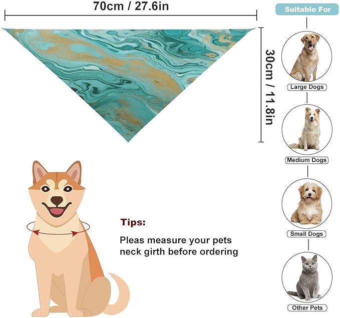 Dog Bandana Spring Pet Scarf Adjustable Triangle Teal and Gold Marble Printing Dog Bib Washable Polyester Puppy Bandana for Small Medium Large Dogs Cat Birthday Party Supplies