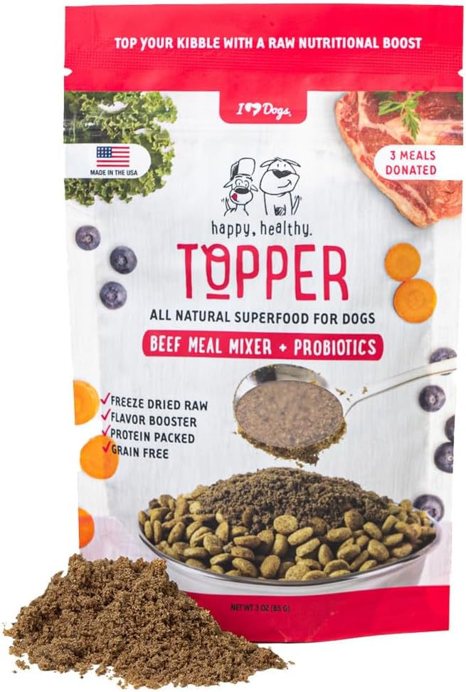 iHeartDogs Dog Food Topper - Freeze-Dried Raw Dog Food Seasoning with Collagen Peptides - Grain Free Superfood Meal Mixer (Beef, 3 Ounce)