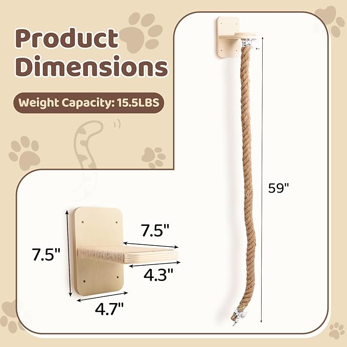 Cat Climbing Wall, Wall Mounted Cat Ladder, Cats Climbings Pole with 59in Climbing Rope, Larger and Wider Base Cats Ladder for Walls with Scratching Post (1.5m/59in Long)