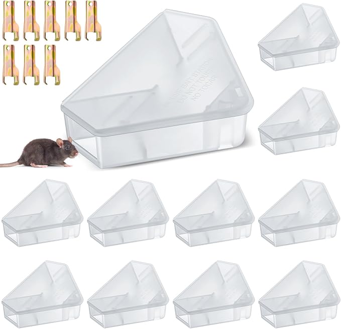 Qualirey Mice Station with Key Triangle Mouse Station Reusable Rodent Trap Box, Keeps Children and Pets Safe Indoor & Outdoor Suitable for Small Mice(Translucent,12 Pcs)
