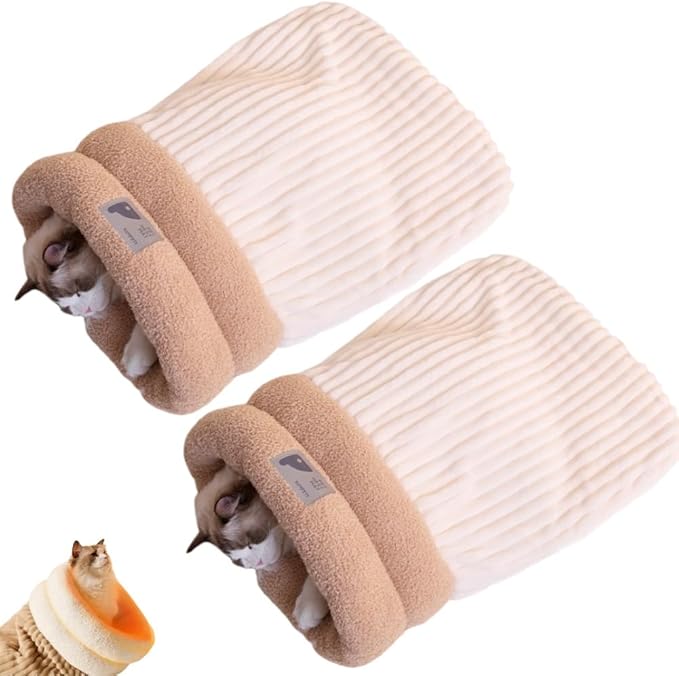 Cat Sleeping Bag, Cats Winter Sleeping Bag for Indoor Cats Cozy Plush Cat Cave Bed, Self-Warming Pet Snuggle Sack for Kitten Puppy Small Dogs (B-Beige 2pcs, M-17"x14.5")
