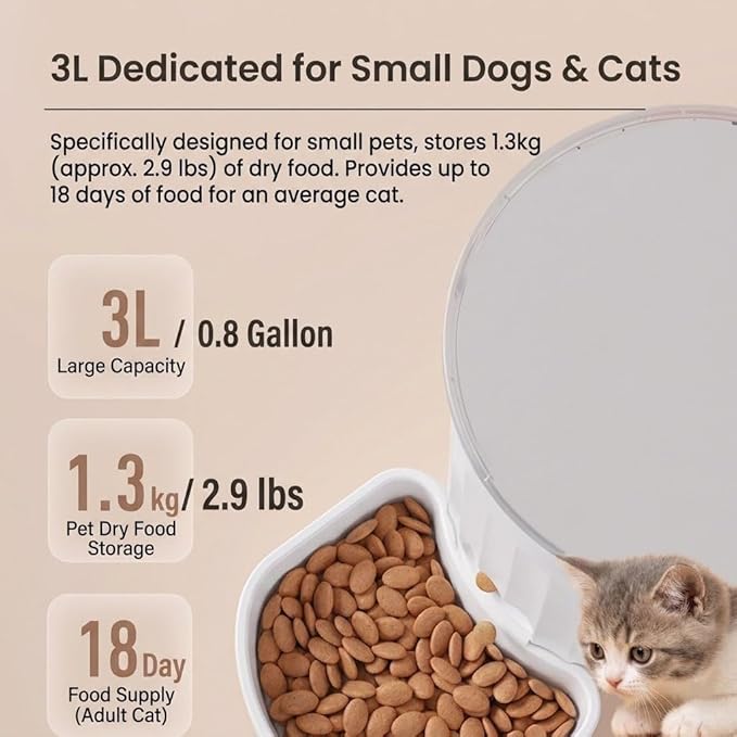 3L Automatic Pet Feeder for Small Dogs and Cats, Smart Wi-Fi Enabled Timed Dog Food Dispenser with Clog-Free Wide Output, Dual Power Supply,Pet feede Automatic (White (Button Version))