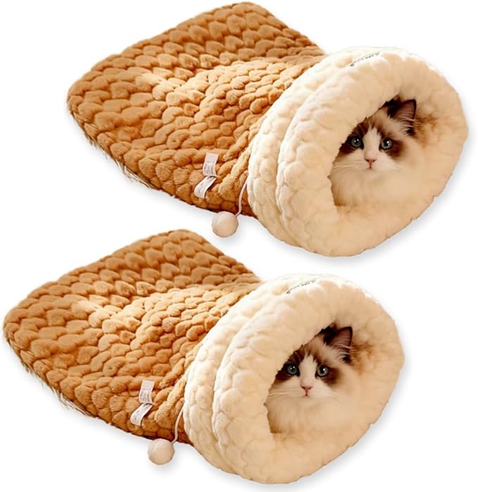 Cat Sleeping Bag, Cats Winter Sleeping Bag for Indoor Cats Cozy Plush Cat Cave Bed, Self-Warming Pet Snuggle Sack for Kitten Puppy Small Dogs (A-Khaki 2pcs, M-17"x14.5")