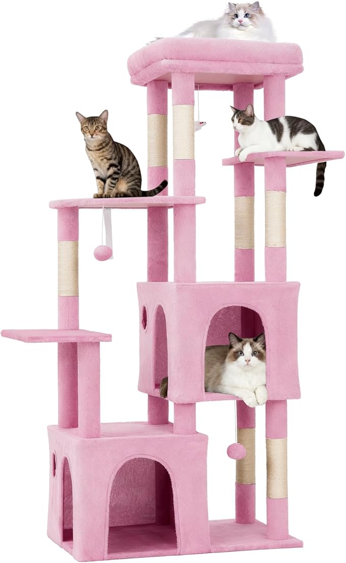 GarveeLife 61" Multi-Level Cat Tree for Indoor Cats, Heavy-Duty Tower for Large Adult & Maine Coon Cats with Oversized Perch, Dual Condos, Natural Sisal Scratching Posts & Play Toys – Pink