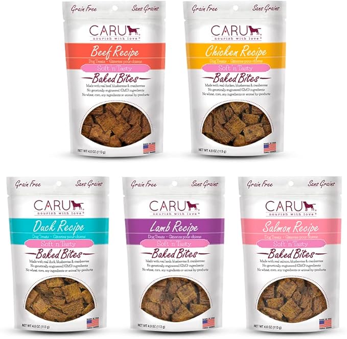 Caru - Soft n’ Tasty Baked Bites - Flavorful and Natural Dog Training Treats - Variety Pack - Beef, Chicken, Duck, Lamb, Salmon - 5 Pack