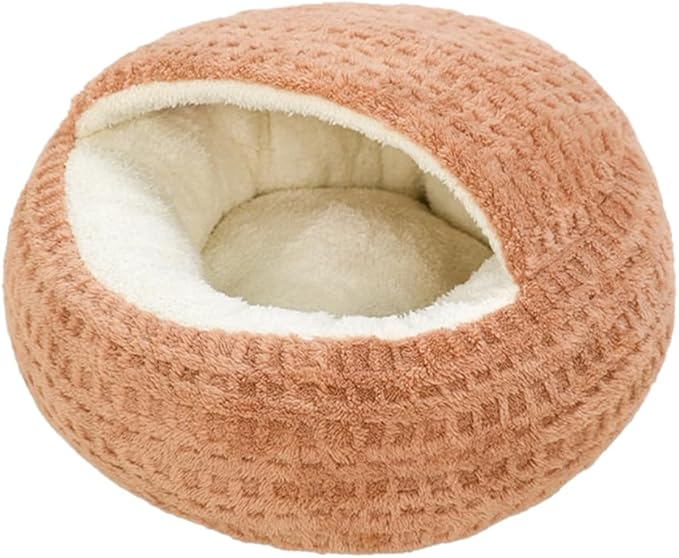 Plush Cat Bed Hooded Semi Enclosed Shell Shaped Pet Nest Cozy Warming Anti-Slip Small Dog Bed for Puppy and Kitten (Coffee, Small)