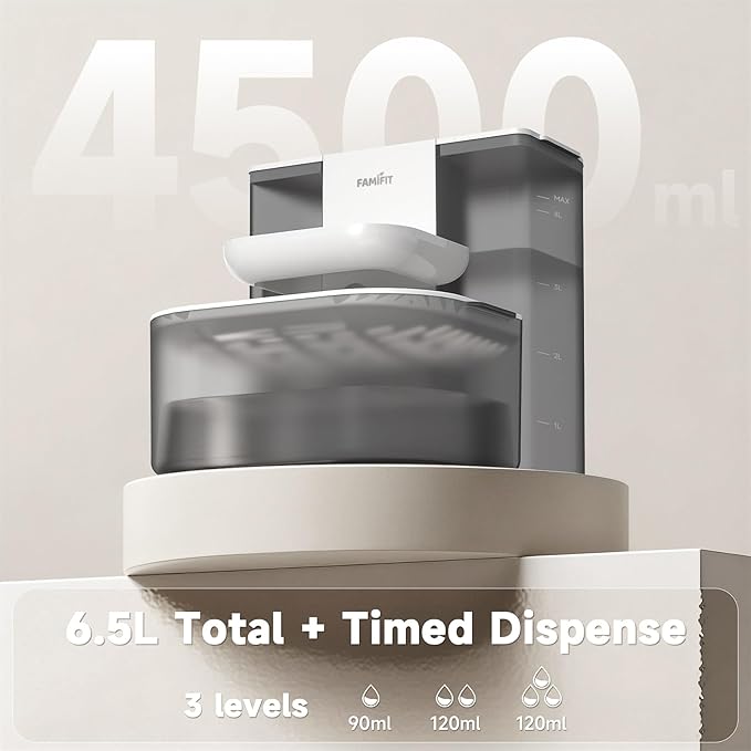 [New Upgrade] Famifit 4.5L+2L Automatic Cat Water Fountain (Non-Heated), 2000mAh Battery, Timed 3/6/9H & 80/100/120ml Control, Clean Water System, No Filter, Ceramic Bowl, Ultra Quiet