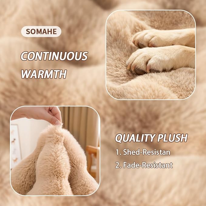 Self-Warming Dog Bed, Plush Faux Fur Mat with Anti-Slip Bottom, Ultra Soft Heated Pet Bed for Medium Large Dogs, Cozy Fluffy Pad for Carriers Couch Crate, Machine Washable, 35 x 27 Inch Coffee