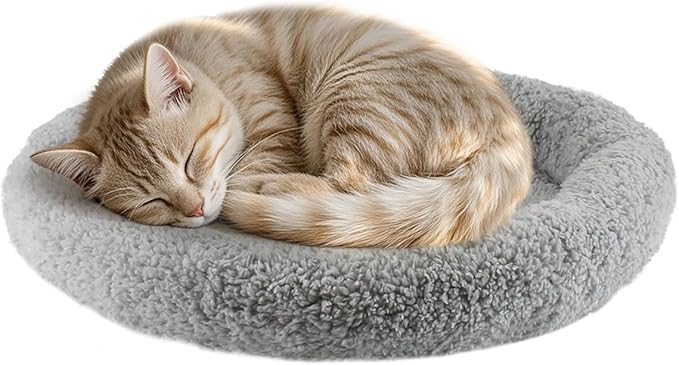 PETLESO Small Cat Bed Mat with Surrounding Pillow, 11.81" Round Pet Cushion for Cats Puppy Rabbits Curling Sleep, Indoor Furniture/Carrier/Crate Pet Self Warming Pad, Washable, Small